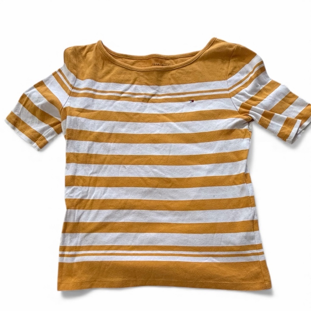 Tommy Hilfiger Women's Tee Shirt 3/4 Sleeve 100% Cotton Sz M Mustard and White